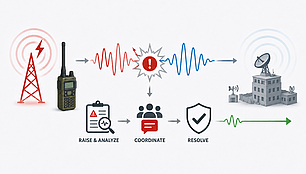 Radio interference is detected, analyzed and coordinated between affected users, restoring clear and reliable communication.