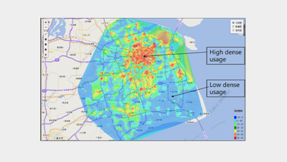 Radio Station Supervision Using Spectrum Usage Heatmap Color-coded map indicating areas of high and low radio spectrum usage, illustrating LS telcom’s use of big data and cloud computing for supervising and optimizing radio station operations.