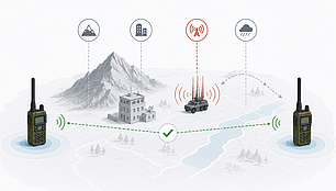 Two radios maintain a reliable link across mountains, buildings, weather and jamming through coordinated communication planning.
