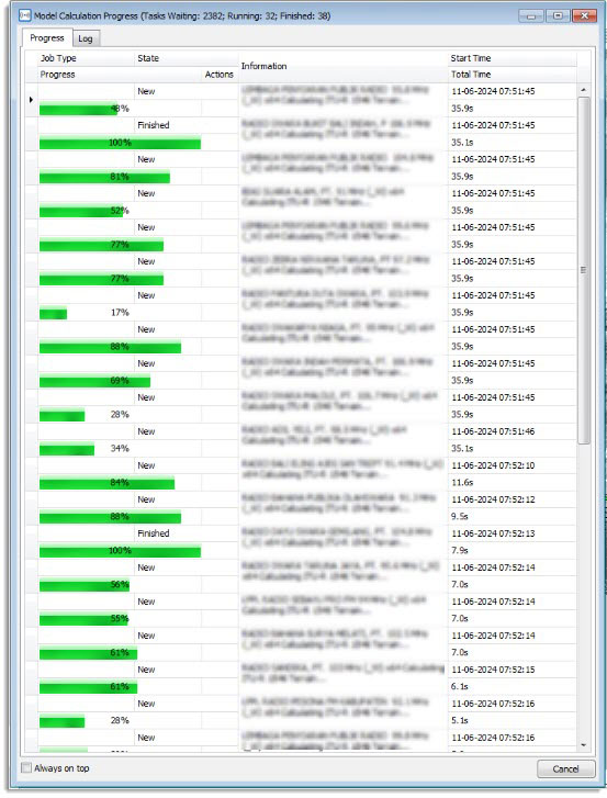 Screenshot showing model calculation progress with green progress bars, displaying start and total time for each calculation step.