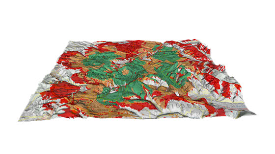 3D coverage and network performance prediction map showing terrain, vegetation, and environmental impact zones